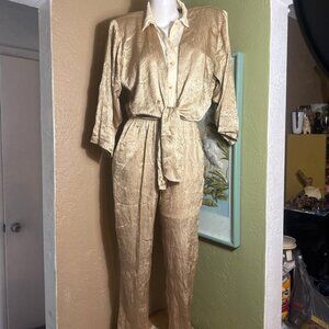 Vintage 80s On The Rocks Gold Metallic Lace Glam Jumpsuit